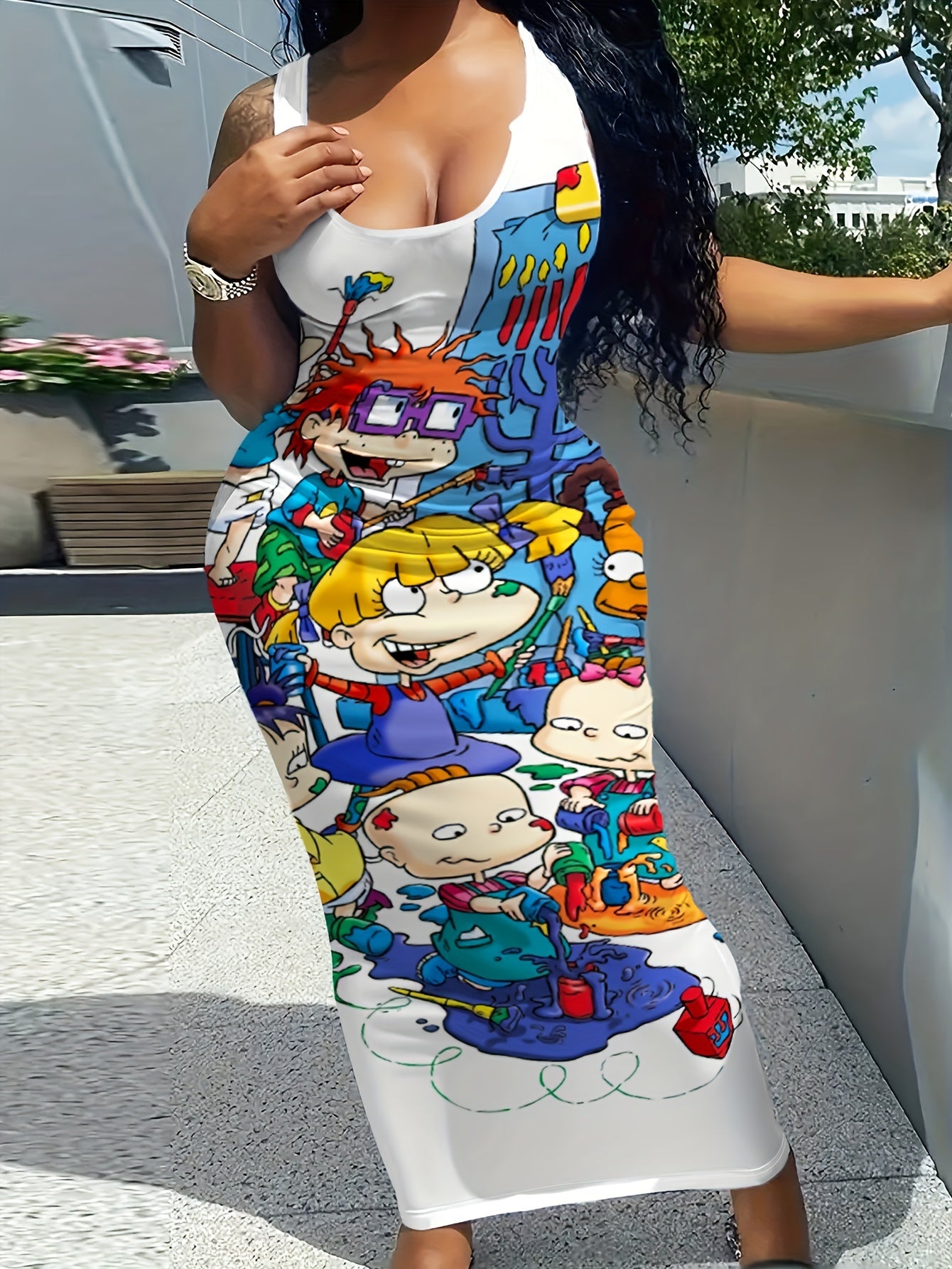 Cartoon Figure Print Slim Tank Dress, Casual Notched Neck Sleeveless Dress For Spring & Summer, Women's Clothing